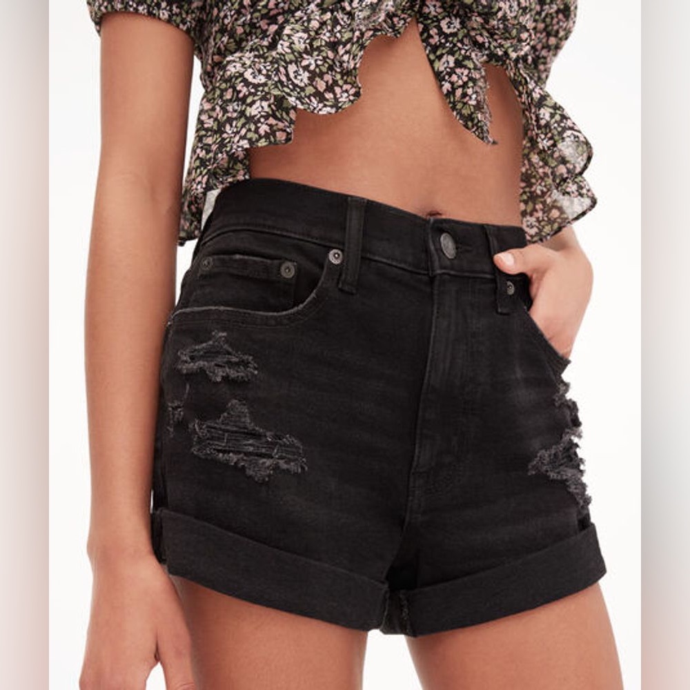 Aeropostale Super High-Waisted Distressed Black Denim Mom Shorts
